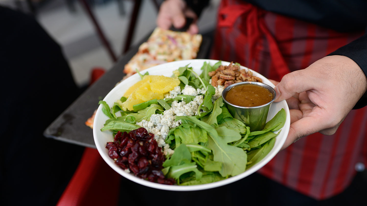 Photo of a person's hand holding a plate of food