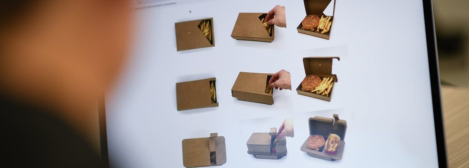 A computer screen shows different take-out containers with food inside.
